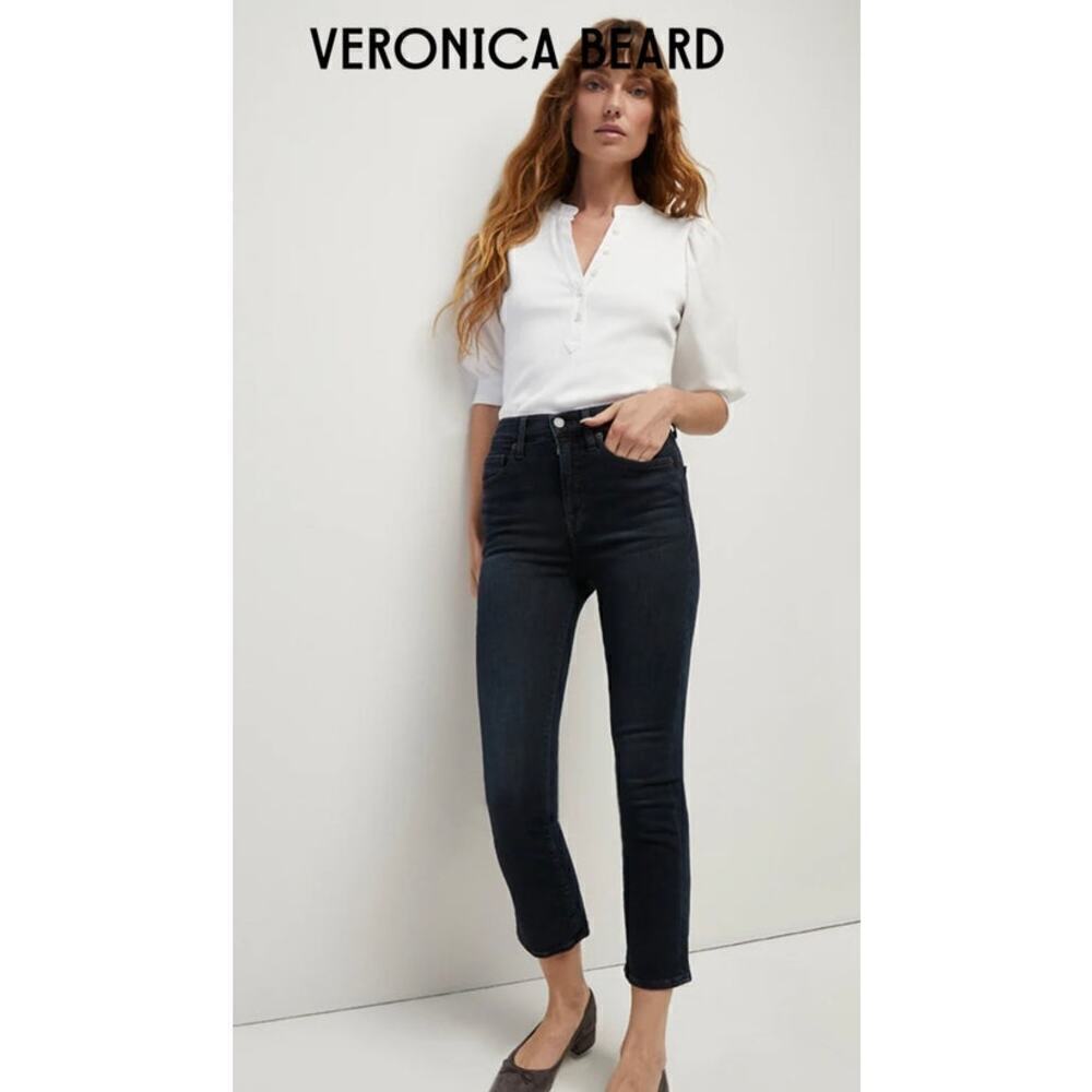 Veronica Beard Carly Kick Flare High Rise Raw Hem Jeans Dark Ink Women's Size 24